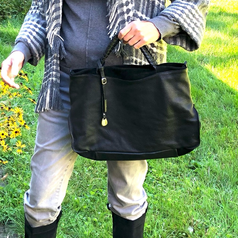 Nicoli Leather Bag Handbag Tote Black Silver Large